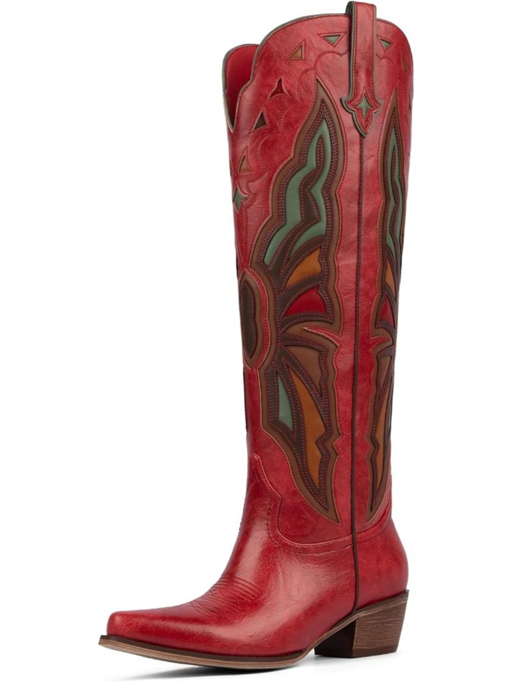 Women's Red Knee High Chunky Heel Pointed Toe Cowgirl Boots Wide Calf Boots